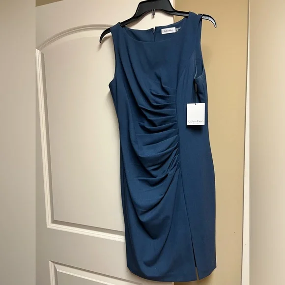calvin klein sleeveless ruched dress Calvin Klein Sideburst Boat Neck Sleeveless Ruched Pencil Dress